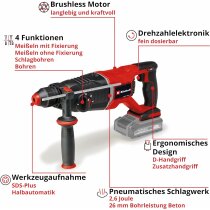 Einhell Professional Akku-Bohrhammer TP-HD 18/26 D Li BL-Solo 18 V, Brushless, 2,6 J, SDS-plus