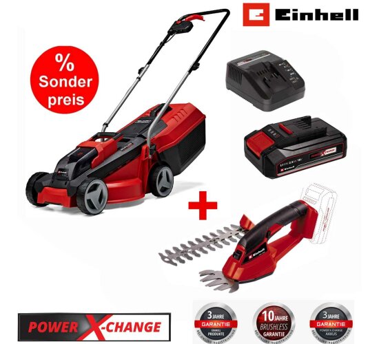 Einhell City Rasenmäher GE-CM 18V + Gras / Strauchschere,  Akku 2.5 A Ladegerät