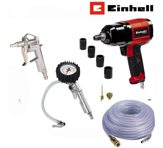 Einhell 10-tlg.Set Druckluft-Schlagschrauber, Ausblaspistole, Reifenfüller, Druckluftschlauch