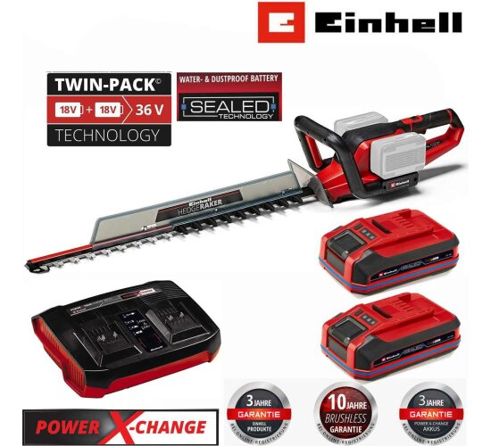 Einhell 36V Heckenschere GE-CH 36/65 2 x Sealed Akku 4.0 Ah Wasserdicht + Twincharger