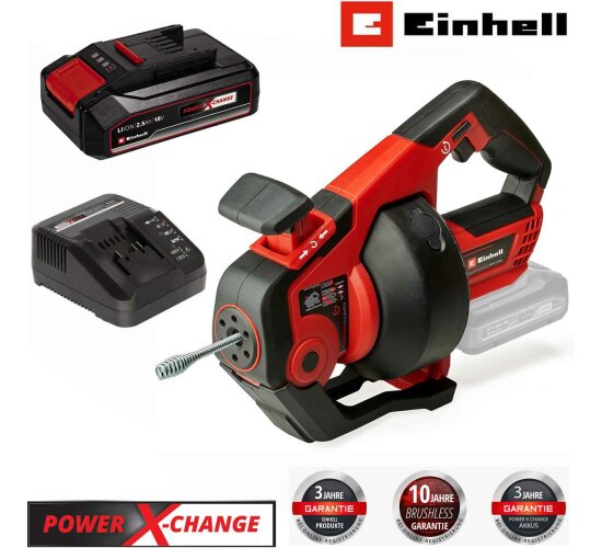 Einhell Rohrreiniger TE-DA 18/760 Li 18V, 7,6 m Spirale Akku 2,5 Ah, Ladegerät