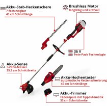 Einhell GE-LM 36/4in1 Li-36V Heckenschere, Kettensäge,Trimmer,Motorsense 2 x !8V Multifunktionswerkzeug