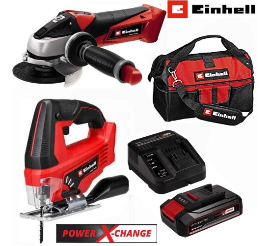 Einhell Winkelschleifer TE-AG 18/115, Stichsäge TC-JS 18V Akku, Ladegerät,Tasche