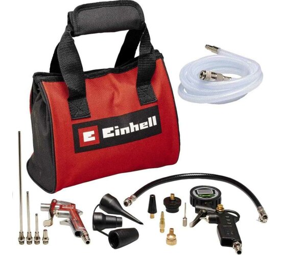 Einhell Kompressoren-Zubehör 15-tlg. Druckluftset, Ausblaspistole,Reifenfüller, Gewebeschlauch, 8x Adapter, Tasche,