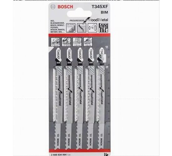 Bosch Stichsägeblatt T 345 XF, Progressor for Wood and Metal, 5er-Pack