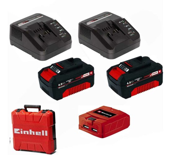 2 x Einhell 4,0 Ah Akku + 2 x Ladegerät Power X-Change Li-Ion,18V + Koffer + USB