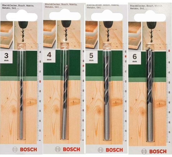 Bosch 4x Holzspiralbohrer für Weichholz, Hartholz, Ø 3 / 4 / 5 / 6 mm