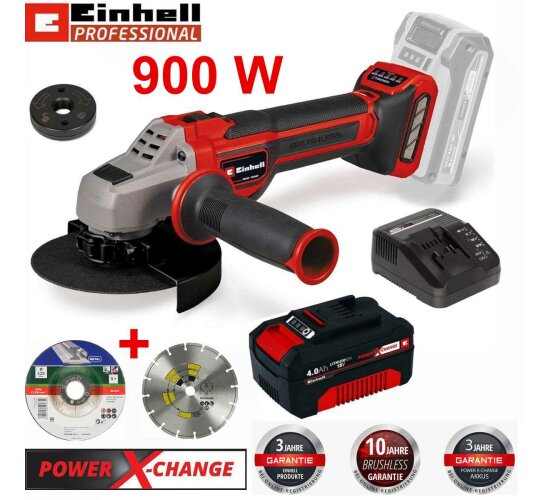 Einhell Pro Winkelschleifer TP-AG 18/125 CE Q Li-18V Akku 4.0 Ah + Trennscheiben