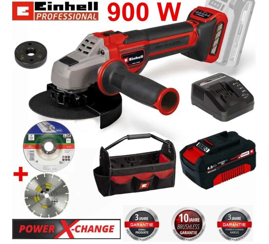 Einhell Winkelschleifer TP-AG 18/125 CE Q Li-18V Akku 4.0 Ah, Trennscheiben, Bag