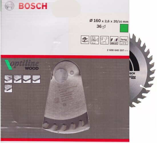 Bosch Kreissägeblatt 160 x 20/16 x 2,6 mm Optiline Wood für Handkreissägen