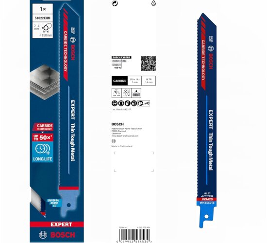 Bosch Thin Tough Metal S1022EHM Säbelsägeblatt (für Edelstahlrohre, L 200 mm