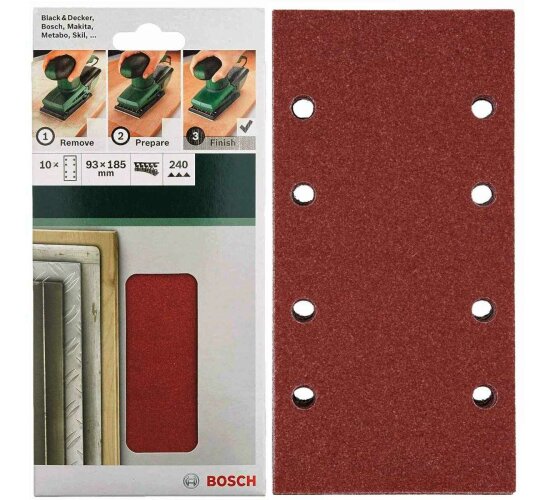 Bosch Schleifblatt Klett 10 Stück, 93 x 185 mm, K  240 für Schwingschleifer